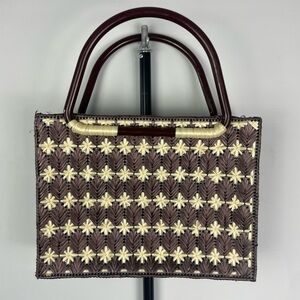 Rectangle Brown Star Flower Woven Box Tiki Beach Straw Structured Handbag‎